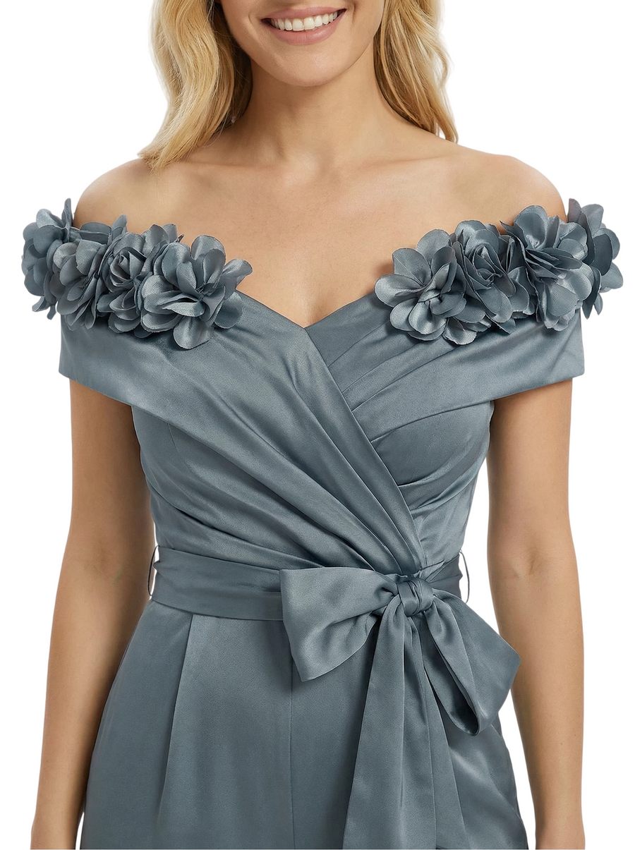 Elegant Off The Shoulder V-Neck Ruching Satin Mother Of The Groom Pants Suit