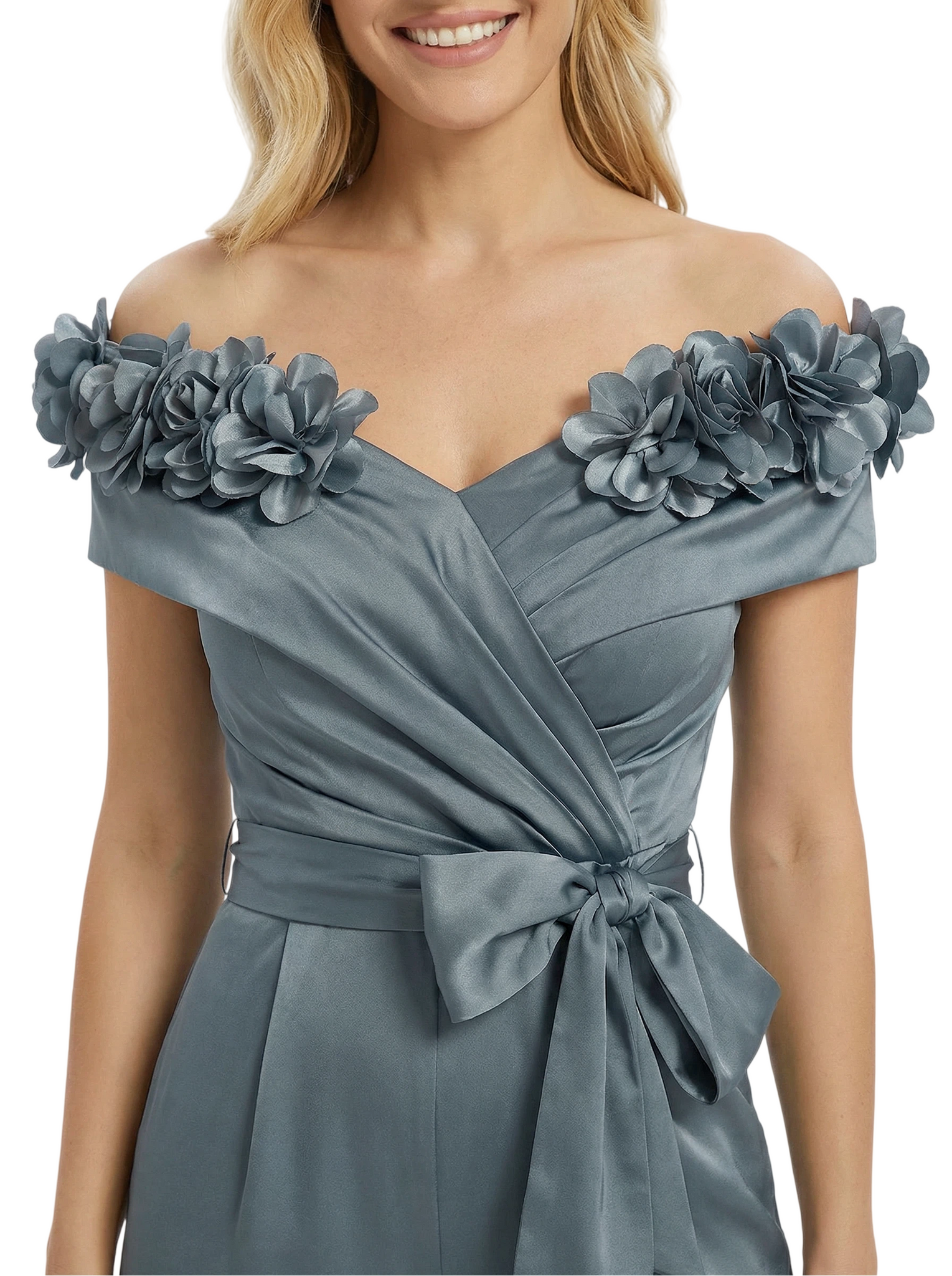 Elegant Off The Shoulder V-Neck Ruching Satin Mother Of The Groom Pants Suit