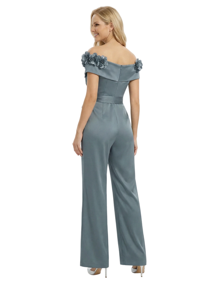 Elegant Off The Shoulder V-Neck Ruching Satin Mother Of The Groom Pants Suit