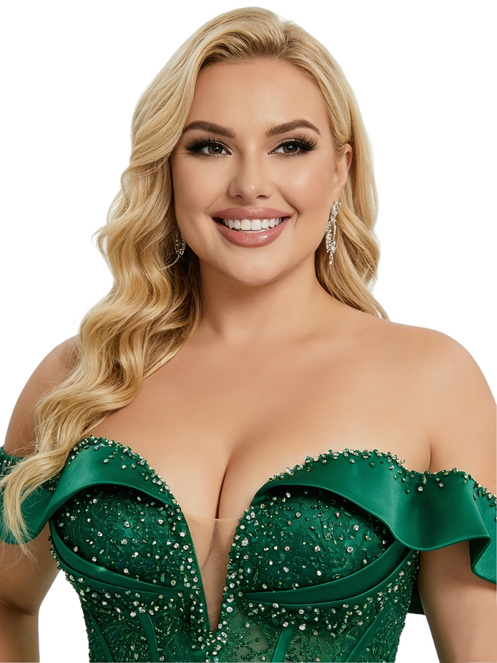 ChicSew Sexy Off The Shoulder Beaded Mermaid Satin Prom Dresses with Slit