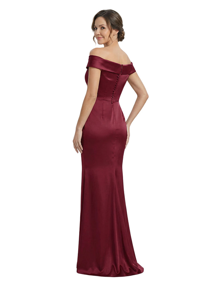 Elegant Off Shoulder Satin Side Slit Ruffles Mermaid Mother Of The Bride Dresses