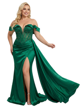 ChicSew Sexy Off The Shoulder Beaded Mermaid Satin Prom Dresses with Slit