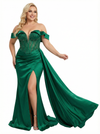 Sexy Off The Shoulder Beaded Mermaid Satin Prom Dresses with Slit