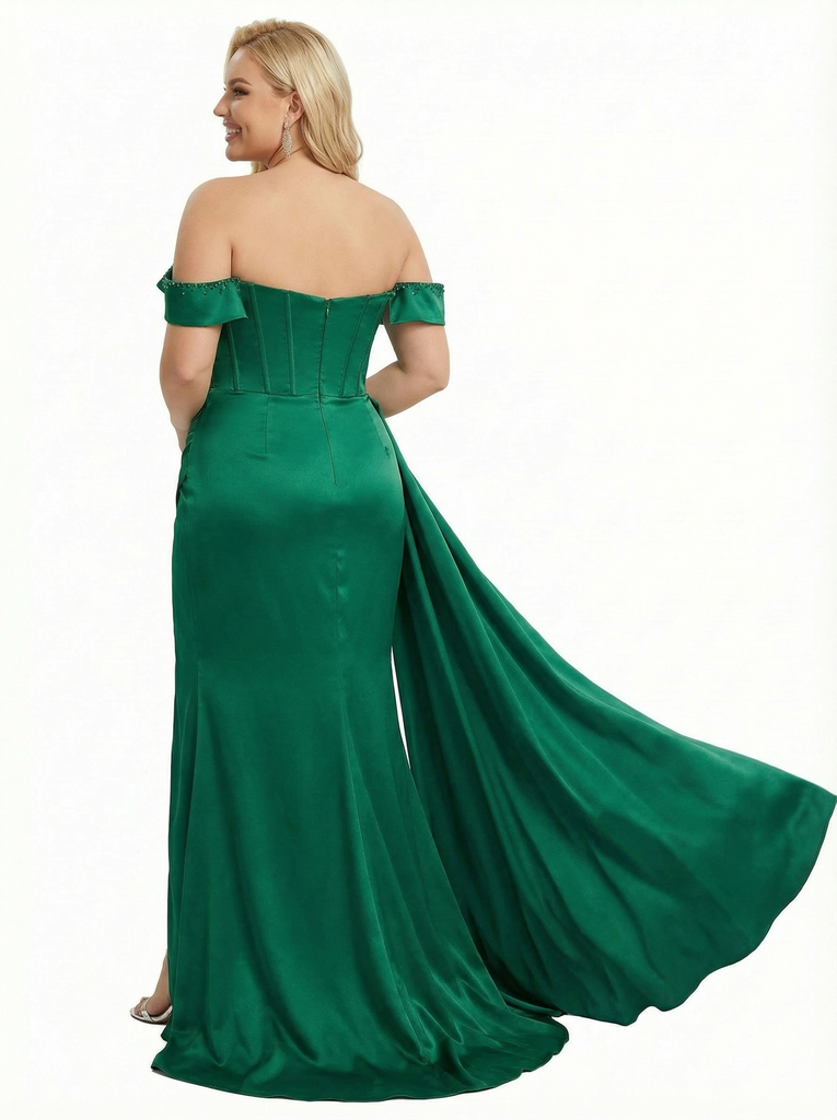 Sexy Off The Shoulder Beaded Mermaid Satin Prom Dresses with Slit