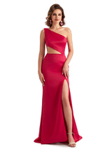 Elegant Mermaid Soft Satin One Shoulder Long Women's Semi Formal Dresses Slit