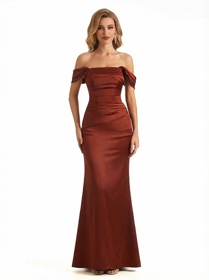 Womens' Sexy Off The Shoulder Mermaid Ruched Satin Long Formal Dresses