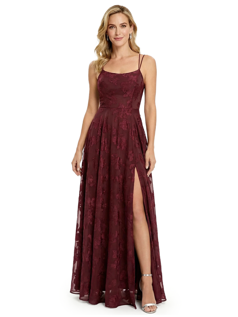 Elegant Spaghetti Straps Floral Burnout Chiffon A-Line Formal Evening Dresses With Side Slit