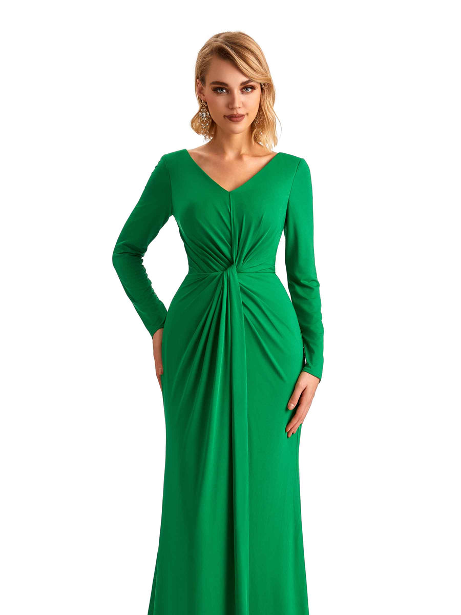 Elegant Mermaid Pleats V-neck Long-Sleeves Stretchy Jersey Long Formal Bridesmaid Dresses