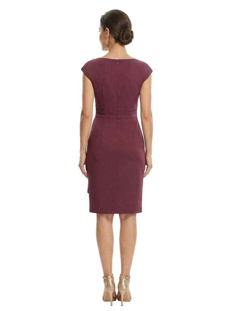 Chicsew Mother of The Bride Dress Beautiful Jewel Cap Sleeve Crepe Sheath Midi Gown Ruffled Stylish Design