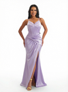 Elegant Spaghetti Straps V-Neck Boning Side Slit Mermaid Silky Satin Long Formal Dresses