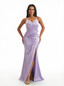 Elegant Spaghetti Straps V-Neck Boning Side Slit Mermaid Silky Satin Long Formal Dresses