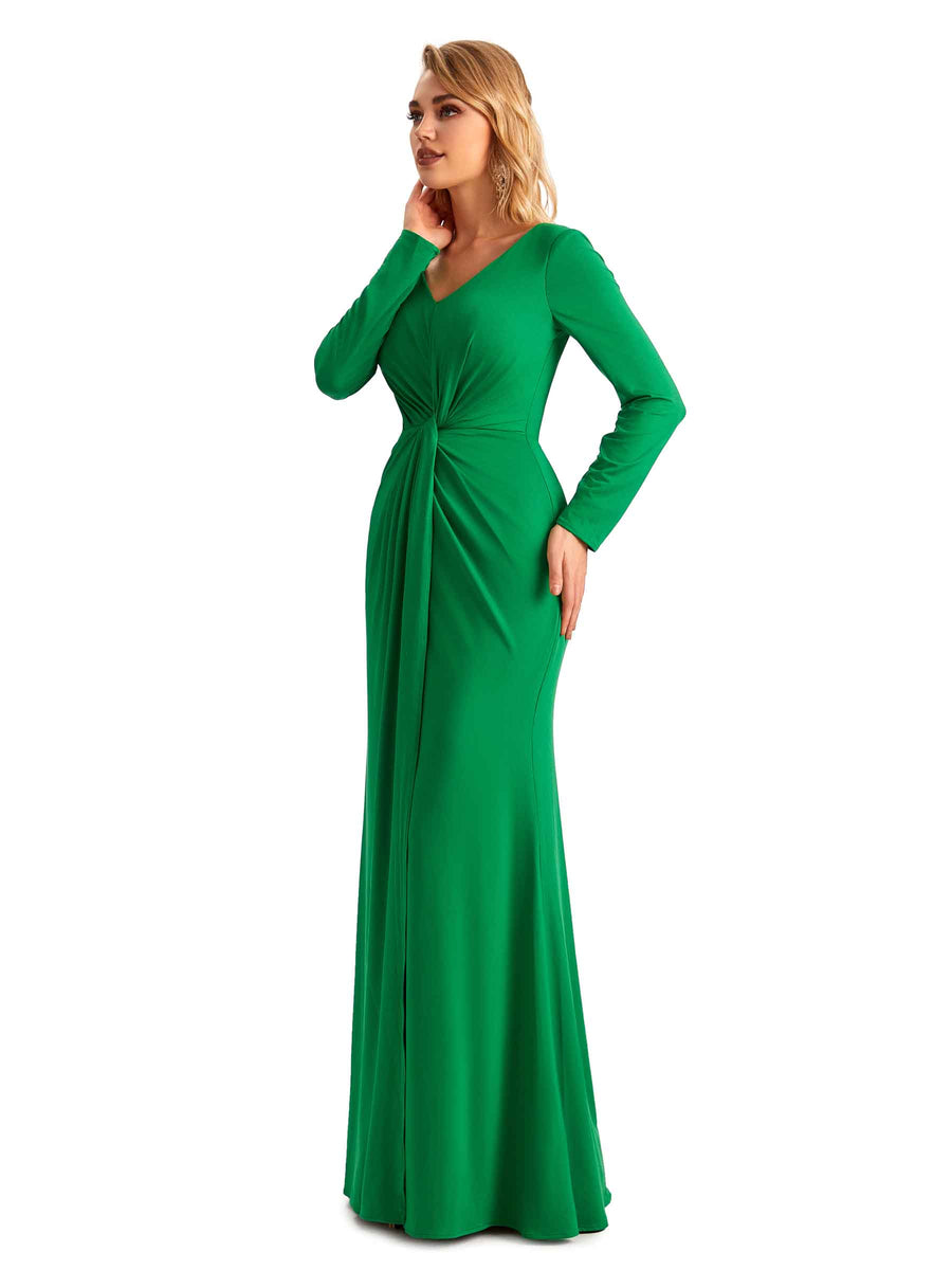 Elegant Mermaid Pleats V-neck Long-Sleeves Stretchy Jersey Long Formal Bridesmaid Dresses