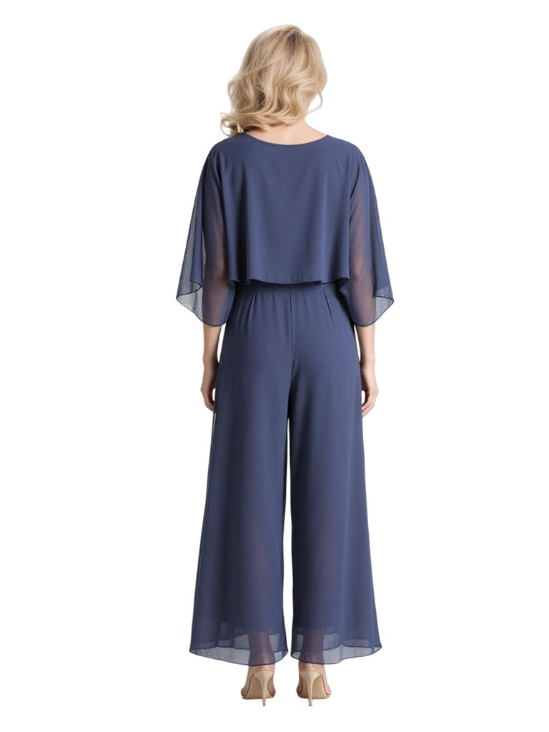 Elegant Chiffon Jewel Cape Sleeves Pantsuit For Mother of The Bride