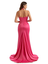 Sexy Side Slit Halter V-Neck Mermaid Trendy Satin Long Bridesmaid Dresses Online