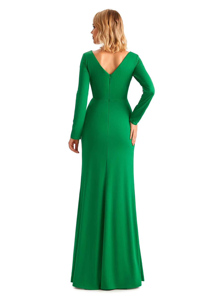 Elegant Mermaid Pleats V-neck Long-Sleeves Stretchy Jersey Long Formal Bridesmaid Dresses