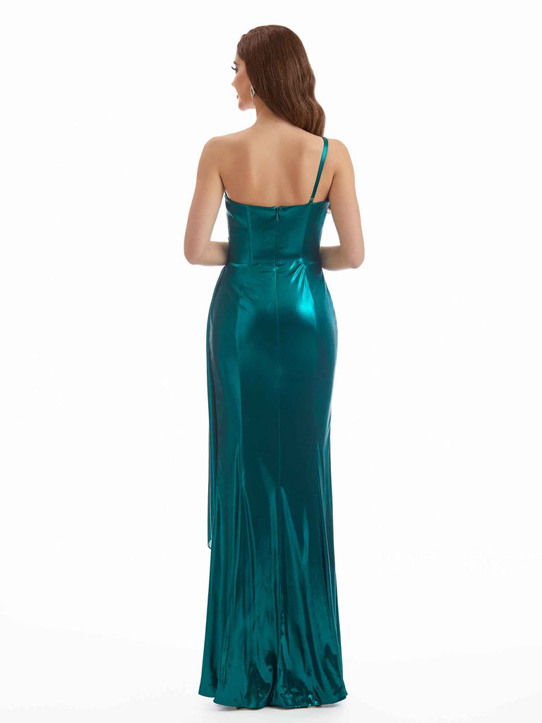 Elegant Side Slit One Shoulder Metallic Stretch Shiny Fabric Long Mermaid Bridesmaid Dresses Online