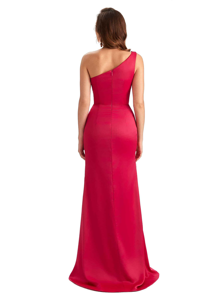 Elegant Side Slit Mermaid Soft Satin One Shoulder Long Wedding Party Dresses