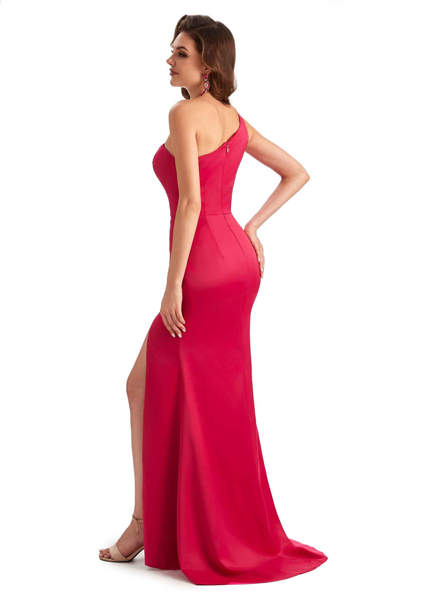 Elegant Side Slit Mermaid Soft Satin One Shoulder Long Wedding Party Dresses