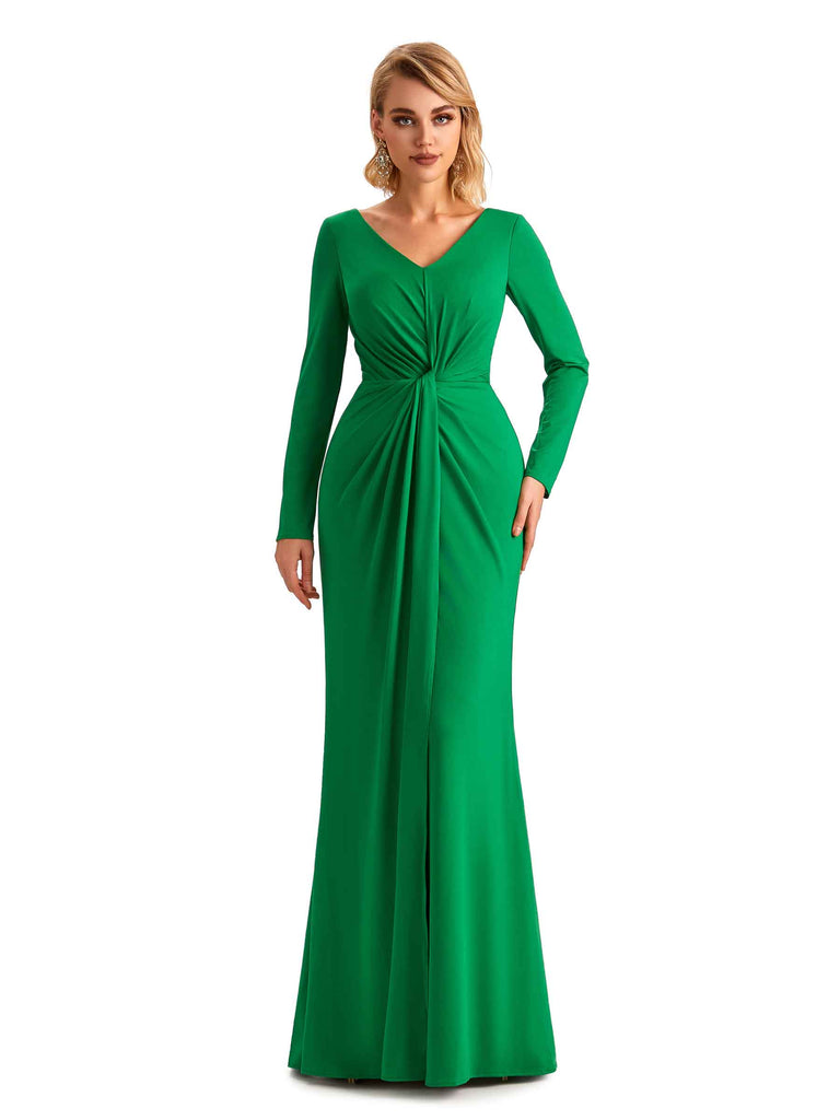 Elegant Mermaid Pleats V-neck Long-Sleeves Stretchy Jersey Long Formal Bridesmaid Dresses