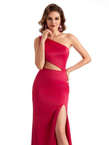 Elegant Mermaid Soft Satin One Shoulder Long Women's Semi Formal Dresses Slit