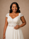 ChicSew Elegant V-Neck Cap Sleeves Chiffon A-Line Wedding Dress With Lace Appliques