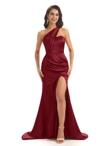 Sexy Soft Satin Side Slit One Shoulder Floor-Length Mermaid Bridesmaid Dresses In Stock