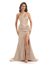 Sexy Soft Satin Side Slit One Shoulder Floor-Length Mermaid Bridesmaid Dresses In Stock