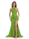Sexy Soft Satin Side Slit One Shoulder Floor-Length Mermaid Bridesmaid Dresses In Stock
