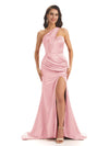Sexy Soft Satin Side Slit One Shoulder Floor-Length Mermaid Bridesmaid Dresses In Stock