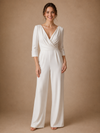ChicSew Modern V-Neck 3/4 Sleeves Ruching Crepe Floor-Length Wedding Jumpsuit