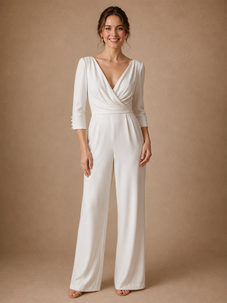 ChicSew Modern V-Neck 3/4 Sleeves Ruching Crepe Floor-Length Wedding Jumpsuit