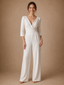 ChicSew Modern V-Neck 3/4 Sleeves Ruching Crepe Floor-Length Wedding Jumpsuit