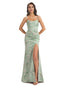 Elegant Spaghetti Straps Side Slit Mermaid Floral Satin Maxi Floral Formal Dresses For Women