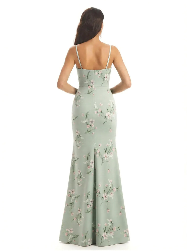 Elegant Spaghetti Straps Side Slit Mermaid Floral Satin Maxi Floral Formal Dresses For Women
