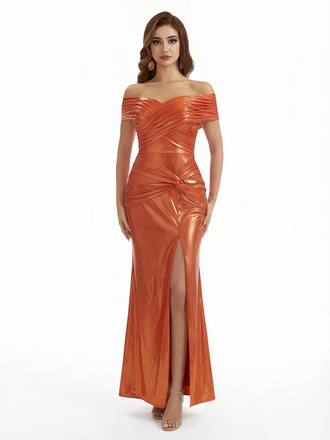 Elegant Off Shoulder Mermaid Metallic Shiny Fabric Long Formal Dresses