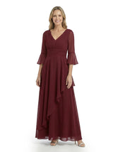 ChicSew V-Neck 3/4 Sleeves Ruffle Overlay Layered Chiffon Floor-Length Casual Mother of the Bride Dresses