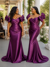 ChicSew Fancy Off Shoulder V-Neck Ruching Mermaid Soft Satin Long Bridesmaid Dresses