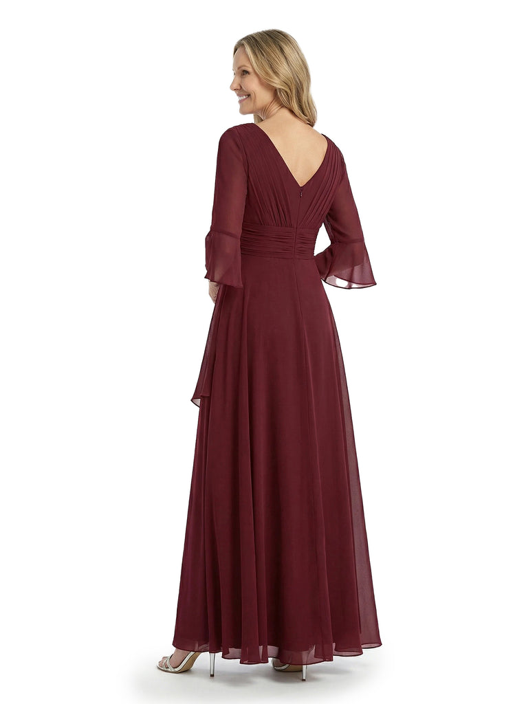 ChicSew V-Neck 3/4 Sleeves Ruffle Overlay Layered Chiffon Floor-Length Casual Mother of the Bride Dresses