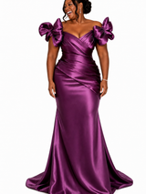 ChicSew Fancy Off Shoulder V-Neck Ruching Mermaid Soft Satin Long Bridesmaid Dresses