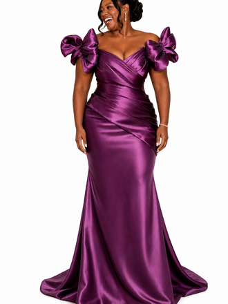 ChicSew Fancy Off Shoulder V-Neck Ruching Mermaid Soft Satin Long Bridesmaid Dresses