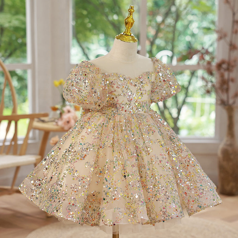 Shiny Bling Flower Girl Dresses For Wedding Lace Applique Baby Birthday Party Dress Girls