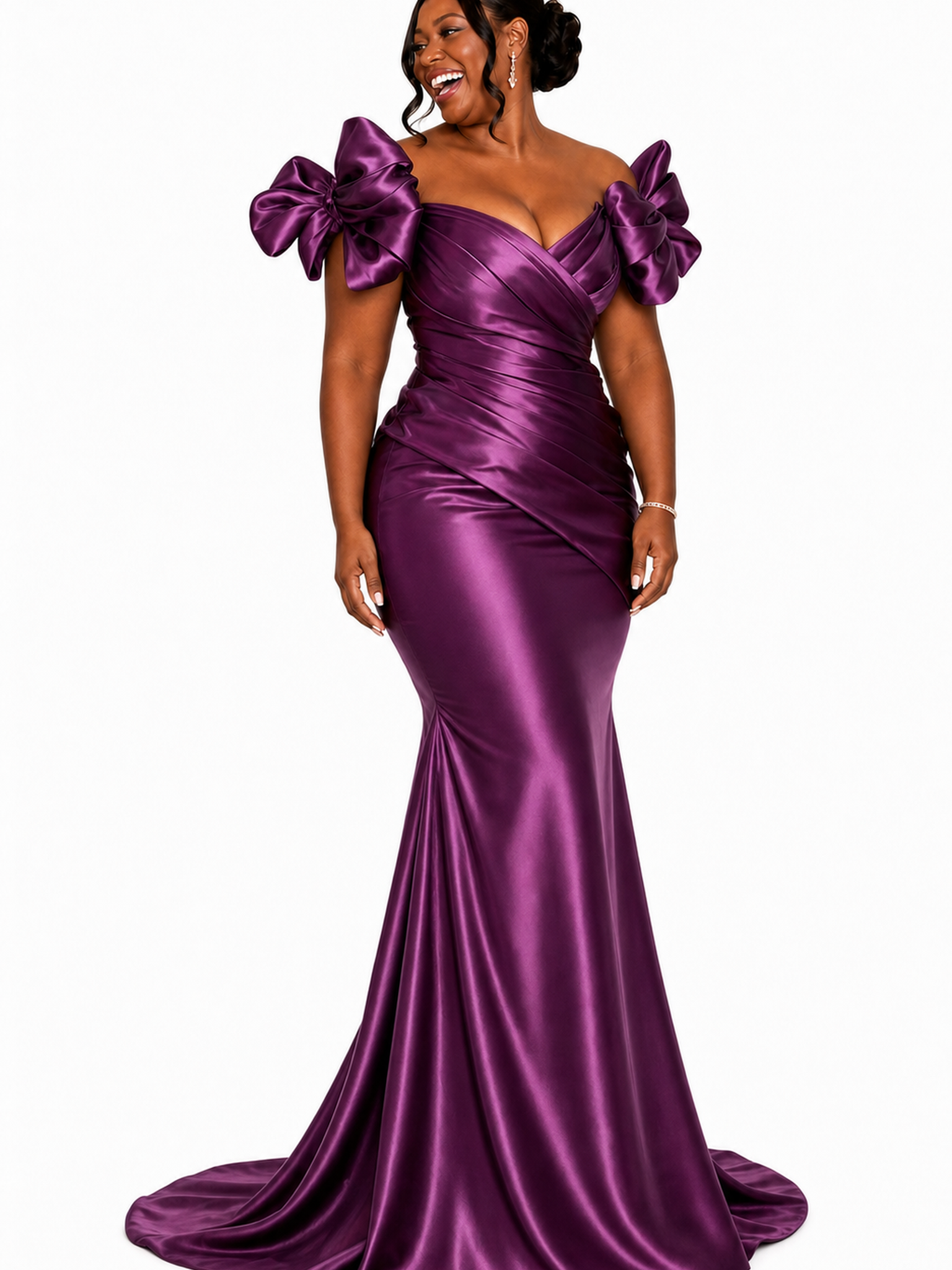ChicSew Fancy Off Shoulder V-Neck Ruching Mermaid Soft Satin Long Bridesmaid Dresses