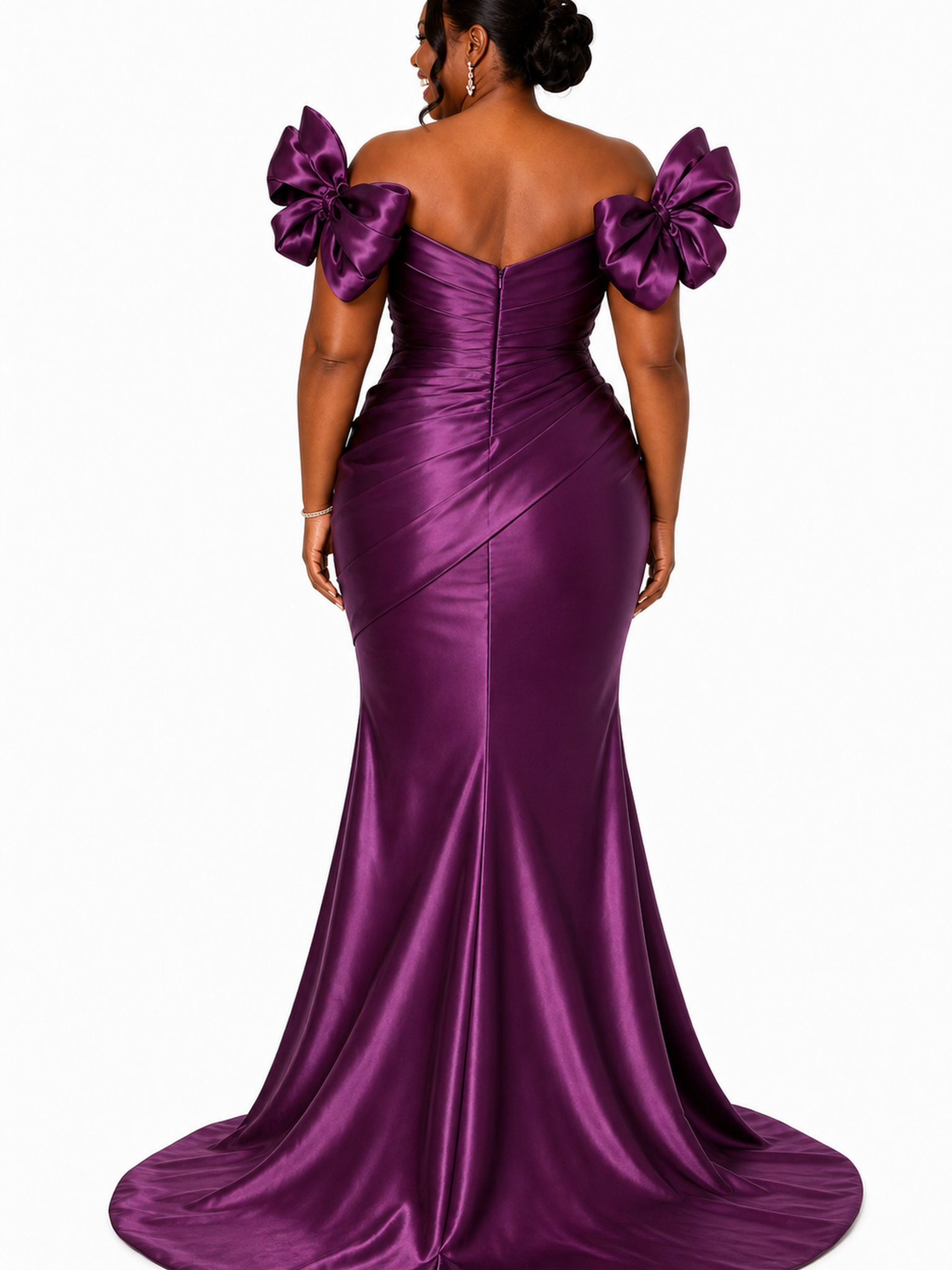 ChicSew Fancy Off Shoulder V-Neck Ruching Mermaid Soft Satin Long Bridesmaid Dresses