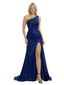 Classy One Shoulder Prom Gown Lace Applique Satin Fabric Ruched Bodice Slit Mermaid Silhouette Floor Length Formal Evening Wear