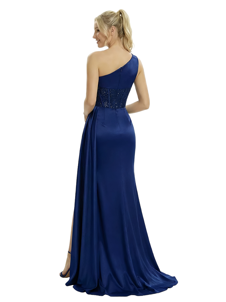 Classy One Shoulder Prom Gown Lace Applique Satin Fabric Ruched Bodice Slit Mermaid Silhouette Floor Length Formal Evening Wear