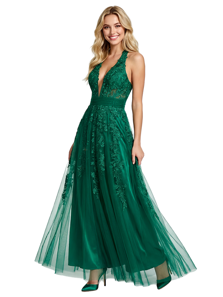 Elegant Halter V-Neck Lace Applique Tulle Ball Gown Silhouette Floor Length Formal Evening Gown