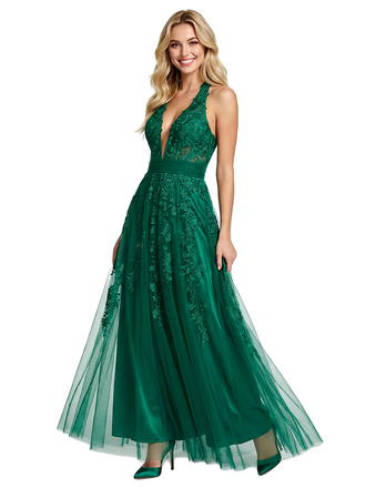 Elegant Halter V-Neck Lace Applique Tulle Ball Gown Silhouette Floor Length Formal Evening Gown