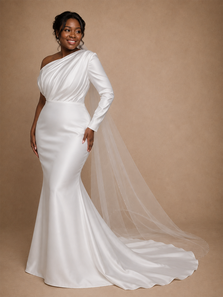 ChicSew Unique Asymmetric Ruching Long Sleeve Long Mermaid Satin Wedding Dress