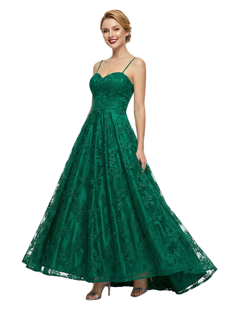 Pretty Spaghetti Strap Sweetheart Prom Gown Lace Satin Ball Gown Silhouette High-Low Formal Wear
