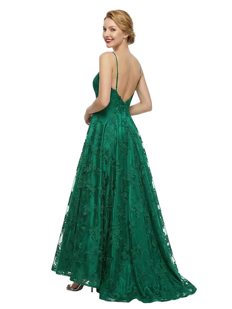 Pretty Spaghetti Strap Sweetheart Prom Gown Lace Satin Ball Gown Silhouette High-Low Formal Wear